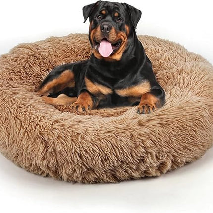 Dog Bed, Cat Calming Bed, Faux Fur Pillow Pet Donut Cuddler Round Plush Bed for Large Medium Small Dogs and Cats (Camel, 44.0" L x 44.0" W x 7.0" Th)