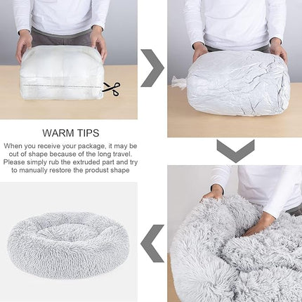 Dog Bed, Cat Calming Bed, Faux Fur Pillow Pet Donut Cuddler Round Plush Bed for Large Medium Small Dogs and Cats (Light Grey, 49.0" L x 38.0" W x 7.0" Th)