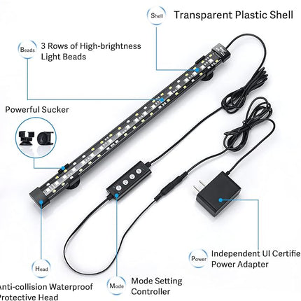 hygger 24/7 Mode Submersible Aquarium LED Light, Full Spectrum Hidden Fish Tank Light with 3 Rows Beads 7 Colors Auto On Off Sunrise-Daylight-Moonlight, Adjustable Timer Brightness 12W