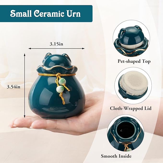 SOITIS Engraving Pet Memorial Urn for Cat or Dog Ashes - 3.54"x3.15" Elegant Ceramic Keepsake Holder with Cat-Shaped Lid & Gold Trim, Small Green Urn for Pet Ashes