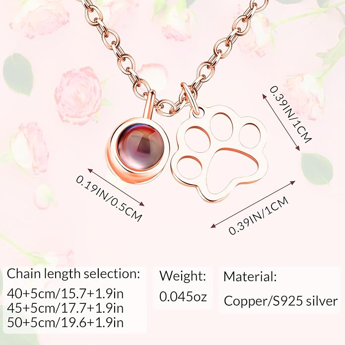 Personalized Picture Necklace with picture inside Custom Projection Necklace Cat/Dog Paw Print Pet Memorial Necklaces for Pet Lovers, Photo Gifts for Anniversary Dog Lovers