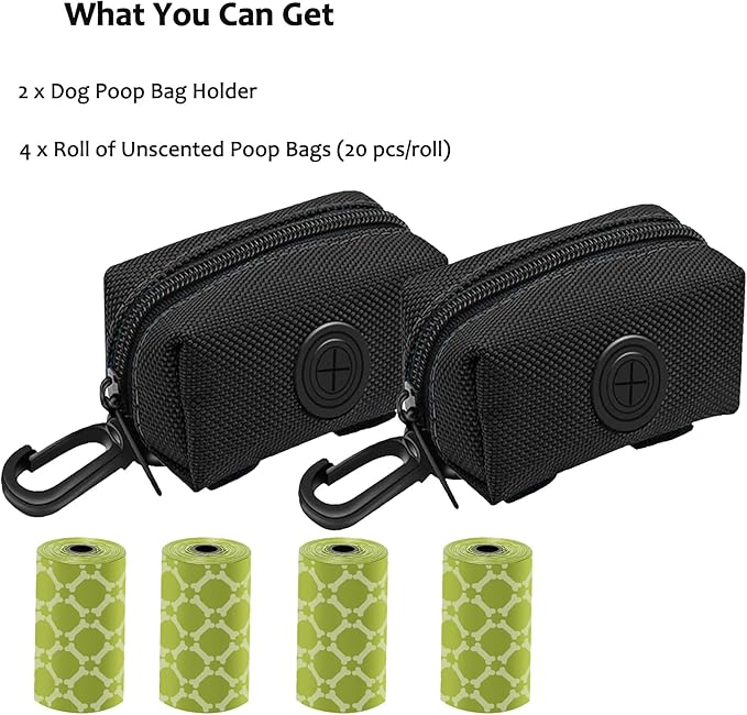 (2 Pack) Dog Poop Bag Holder, Poop Bag Holders for Leashes, CAKOVANO Doggie Waste Bag Dispenser Small Doggy Poop Bag Zipper Pouch with Carabiner Clip with 4 Rolls of Pet Trash Bags, Black