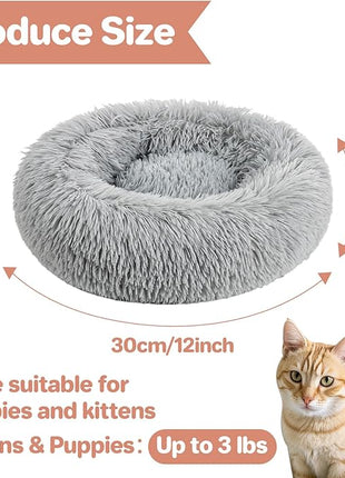 Cat Bed - Calming Cat Bed for Small Kittens Donut Washable Round for Indoor Kittens and Puppies, Anti-Slip Round Fluffy Plush Faux Fur, Small, Light Grey