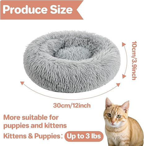 Cat Bed - Calming Cat Bed for Small Kittens Donut Washable Round for Indoor Kittens and Puppies, Anti-Slip Round Fluffy Plush Faux Fur, Small, Light Grey