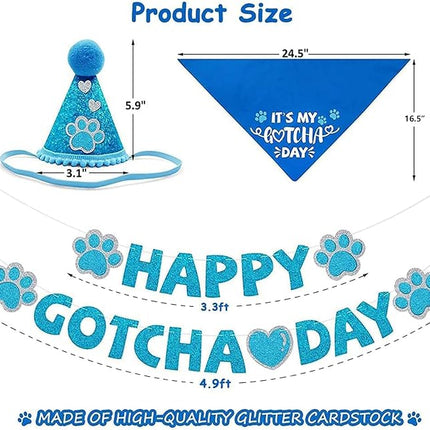 Happy Gotcha Day Dog Bandana- Dog Birthday Party Supplies Boy Girl Gotcha Day Triangle Scarf with Hat Banners Balloons It’s My Gotcha Day Bibs Adoption Party Decor for Small Large Dogs-Blue