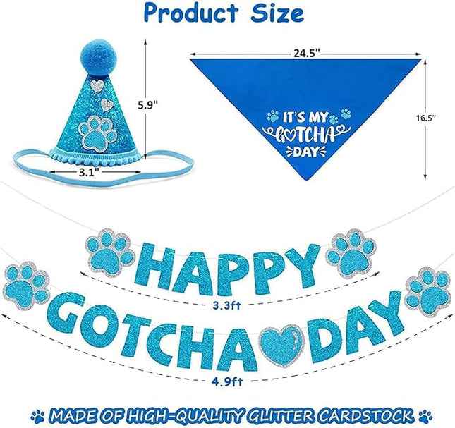 Happy Gotcha Day Dog Bandana- Dog Birthday Party Supplies Boy Girl Gotcha Day Triangle Scarf with Hat Banners Balloons It’s My Gotcha Day Bibs Adoption Party Decor for Small Large Dogs-Blue