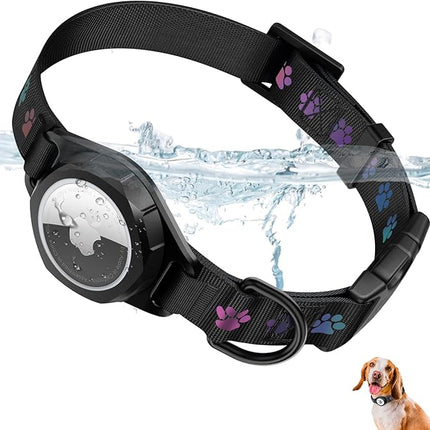 Dog Collar with Airtag Holder, IP67 Waterproof Reflective AirTag Dog Collars for Medium & Large Dogs, Adjustable Pet Collar with Twist-Lock Holder & Green Glow for Night (L, 13.8"-20.1", Black)