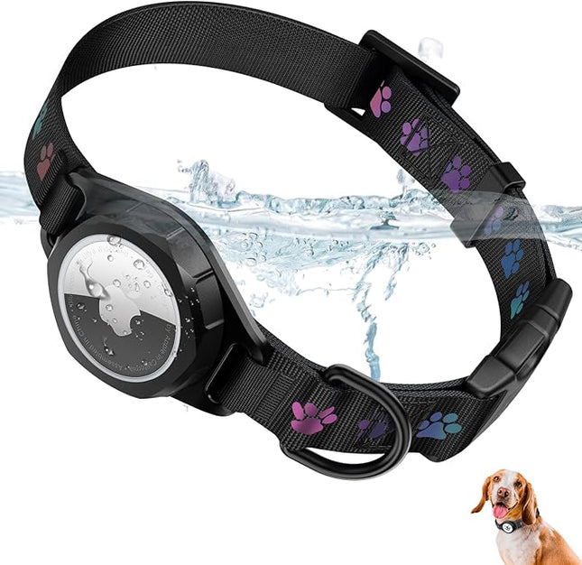 Dog Collar with Airtag Holder, IP67 Waterproof Reflective AirTag Dog Collars for Medium & Large Dogs, Adjustable Pet Collar with Twist-Lock Holder & Green Glow for Night (L, 13.8"-20.1", Black)