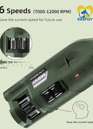 Casfuy Dog Nail Grinder Quiet - (45db) 6-Speed Pet Nail Grinder with 2 LED Lights for Large Medium Small Puppy Dogs/Cats, Professional 3 Ports Rechargeable Electric Dog Nail Trimmer with Dust Cap