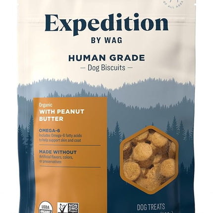 Amazon Brand - Wag Expedition Human Grade Organic Biscuits Dog Treats, Non-GMO, Peanut Butter, 10oz