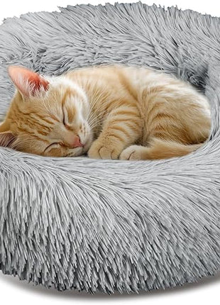 Cat Bed - Calming Cat Bed for Small Kittens Donut Washable Round for Indoor Kittens and Puppies, Anti-Slip Round Fluffy Plush Faux Fur, Medium, Light Grey