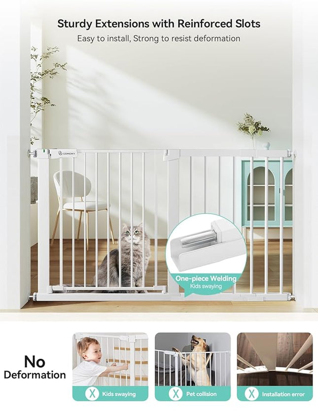 COMOMY 30" Tall Baby Gate for Stairs Doorways, Fits Openings 29.5" to 51.6" Wide, Auto Close Extra Wide Dog Gate for House, Pressure Mounted Easy Walk Through Pet Gate with Door, White