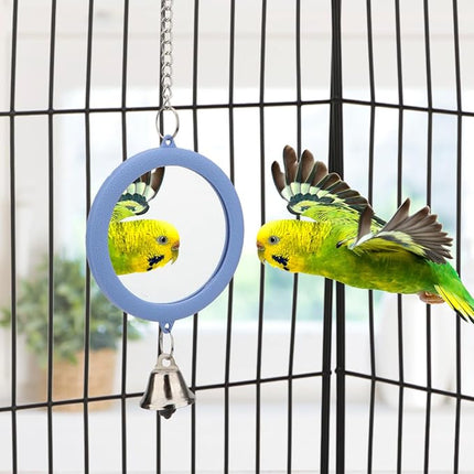 Hypeety Pet Bird Mirror with Bell Interactive Parrot Toy Bird Cage Mirror for Cockatiel Parakeets Canaries Budgie (Blue)