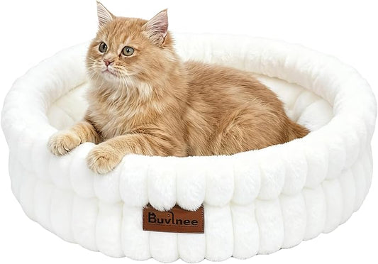 Cat Beds for Indoor Cats, Washable Round Bed for Small Dogs, Soft Pet Bed for Puppy and Kitten with Anti-Slip Bottom (White, 24in)