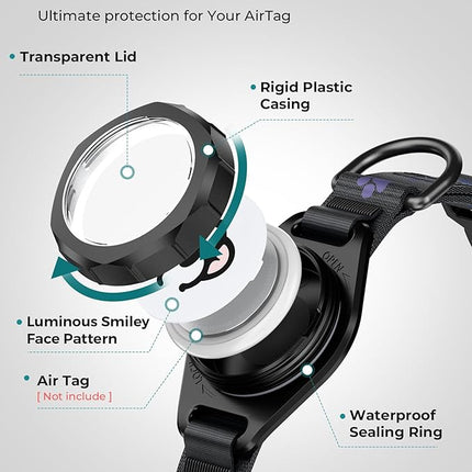 Dog Collar with Airtag Holder, IP67 Waterproof Reflective AirTag Dog Collars for Medium & Large Dogs, Adjustable Pet Collar with Twist-Lock Holder & Green Glow for Night (M, 11.8"-15.9", Black)