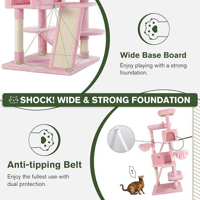 MUTICOR 66 Inches Multi-Level Large Cat Tree Tower for Indoor Big Feline/Cozy Plush Perches/Condo/Sisal Scratching Posts/Hammock and Baskets/Activity Center Play House/Wide Base/Pink