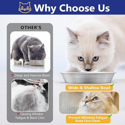 6-Pack Stainless Steel Cat Food Bowls, Shallow Whisker-Friendly Non-Slip Silicone Base Metal Dishes, Easy to Clean Indoor Water Flat Plates for Cat, Kitten, Small Dog (5.9")