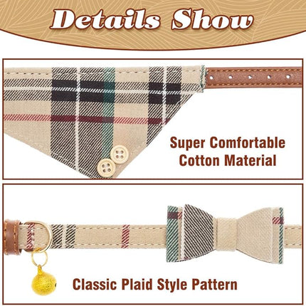 EXPAWLORER Dog Collar and Leash Set - Classic Plaid Dog Bow Tie and Dog Bandana Collar with Bell, Dog Leash Tangle Free, Adjustable Collars for Small Medium Large Dogs Cats, Holiday Ideal Gift