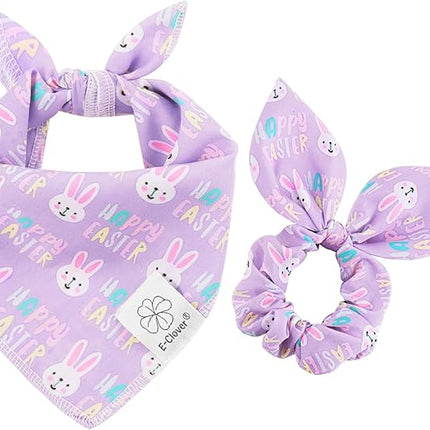 E-Clover Easter Dog Bandana & Matching Scrunchie-Bunny Dog Bandanas Pet Scarf Bib for Samll Dogs Puppy Girl Boy Owner Gift Purple