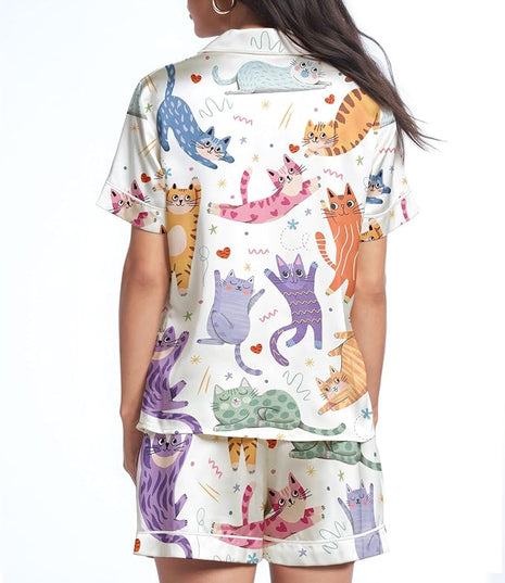 Women’s Silk Satin Pajama Set, Short Sleeve Button Down 2 Piece PJs with Shorts, Cozy Loungewear & Matching Holiday Pajamas