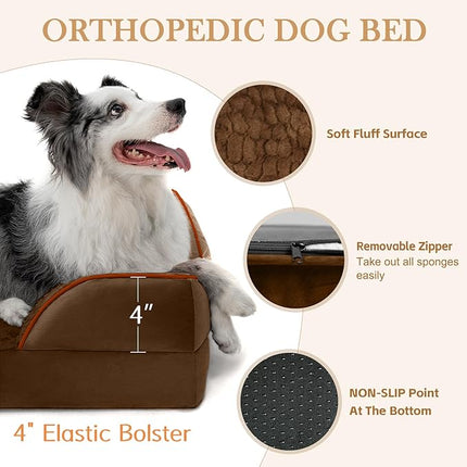 Comfort Expression Orthopedic Dog Bed for Large Dogs 38x25 Inch, Waterproof Supportive Egg Crate Foam Large Pet Bed with Removable Bolsters, Dog Couch with Washable Cover & Non-Slip Bottom, Dark Brown