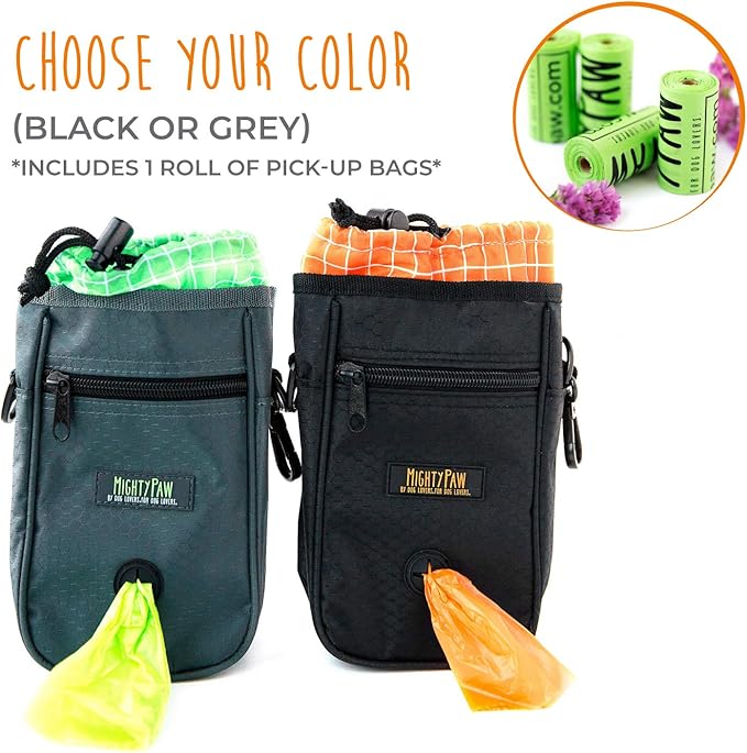 Mighty Paw Dog Treat Bag - Drawstring Closure Pouch - Includes Carabiner Hook and Pick-up Bags - Dog Paw Treat Bag - Pet Training Pouch - (Grey/Green)