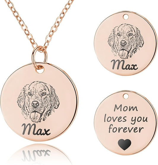 Personalized Pet Portrait Necklace Customized Pet Memorial Necklaces Dog Necklace for Women Custom Pets Necklaces Dog Memorial Jewelry for Cat Mom Dogs Dad (Rose Gold 3 Portrait)