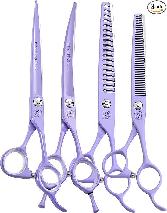 Fenice Peak 7" Professional Dog Grooming Scissors Set, Japanese 440C Stainless Steel Straight Thinning Curved Chunker Shears for Pet Grooming, Trimming Face, Paws, Violet
