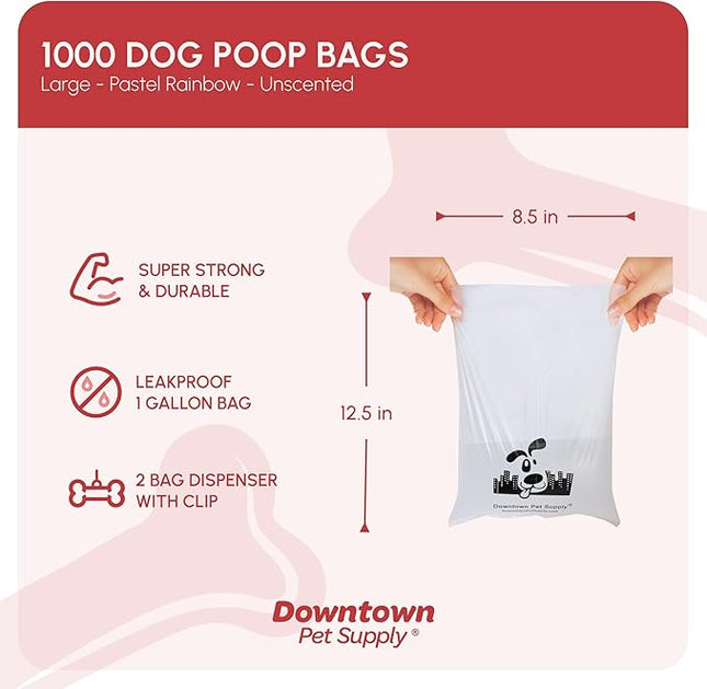 Downtown Pet Supply Unscented Poop Bags for Dogs with Dispenser, 1000 Count - Leak-Proof Dog Waste Bags and Bone-Shaped Dog Poop Bags Holder for Leash - Pastel Rainbow, 12.5" x 8.5"