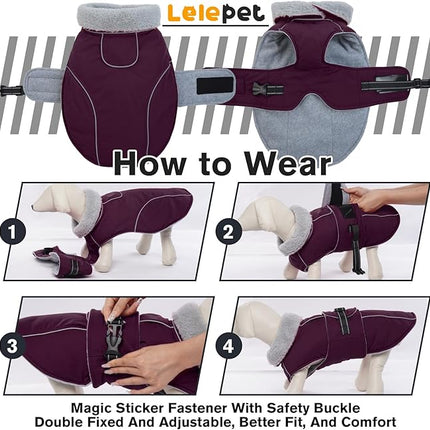 Lelepet Warm Dog Coat Waterproof Dog Jacket for Large Dogs Reflective Fleece Vest with Adjustable Buckle Hook & Loop Windproof Cold Weather Coats for Small Medium Large Dogs, Dark Purple, XXL