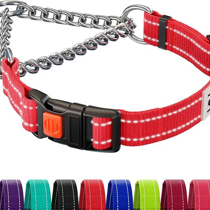 CollarDirect Martingale Dog Collar with Stainless Steel Chain and Quick Release Buckle - Reflective Collar for Large, Medium, Small Dogs - Red, Medium (Neck Size 14"-17")