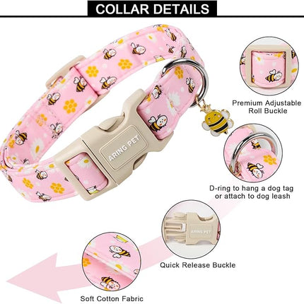 ARING PET Summer Dog Collar, Cute Pink Bee Daisy Floral Pet Collars with Quick Release Buckle for Puppy Small Medium Large Boy Girl Dogs-XS
