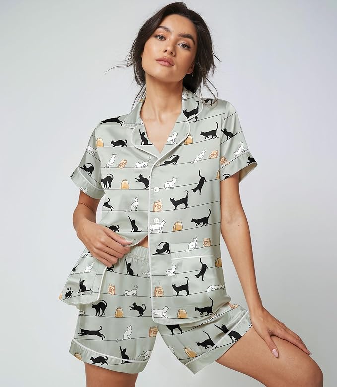 Women’s Silk Satin Pajama Set, Short Sleeve Button Down 2 Piece PJs with Shorts, Cozy Loungewear & Matching Holiday Pajamas