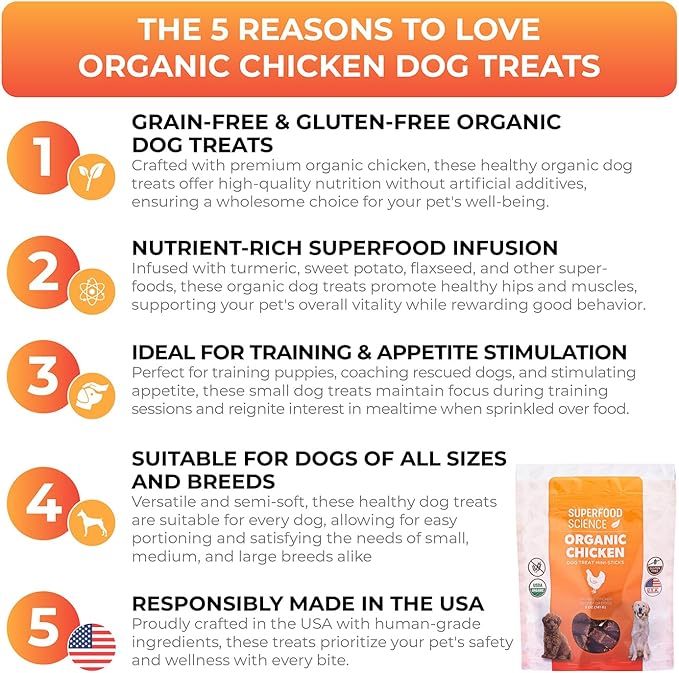 Organic Dog Treats, w/ Chicken, Sweet Potato, Turmeric, & Flaxseed, Low-Calorie, Grain-Free, Semi-Soft, Natural Dog Jerky, Healthy Dog Treats for Training Puppies, Small, Medium & Large Breeds, 5 oz