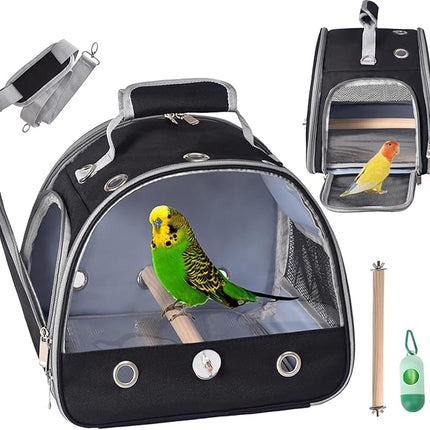 Bird Carrier with Stand & Tray, Small Bird Travel Cage for Parrot & Parakeet, Shoulder Strap - Black