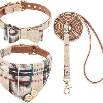 EXPAWLORER Dog Collar and Leash Set - Classic Plaid Dog Bow Tie and Dog Bandana Collar, Dog Leash Tangle Free, Adjustable Collars for Small Medium Large Dogs Cats, Holiday Ideal Gift