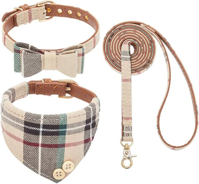 EXPAWLORER Dog Collar and Leash Set - Classic Plaid Dog Bow Tie and Dog Bandana Collar, Dog Leash Tangle Free, Adjustable Collars for Small Medium Large Dogs Cats, Holiday Ideal Gift