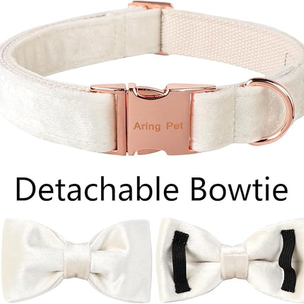 ARING PET Bowtie Dog Collar-Velvet Dog Collars with Detachable Bowtie, White Wedding Soft Dog Collar,Small.