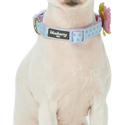 Blueberry Pet Adjustable Flocking Dog Collar with Artificial Silk Flower - Polka Dot in Pastel Purple, Large, Neck 18"-26"