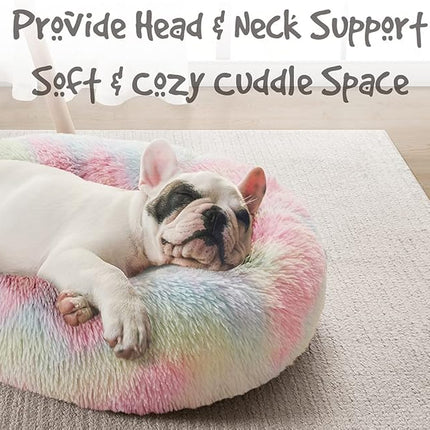 Friends Forever Donut Dog Bed Faux Fur Fluffy Calming Sofa For Small Dogs, Soft & Plush Anti Anxiety Pet Couch For Dogs, Machine Washable Coco Pet Bed with Non-Slip Bottom, 23"x23"x6" Rainbow