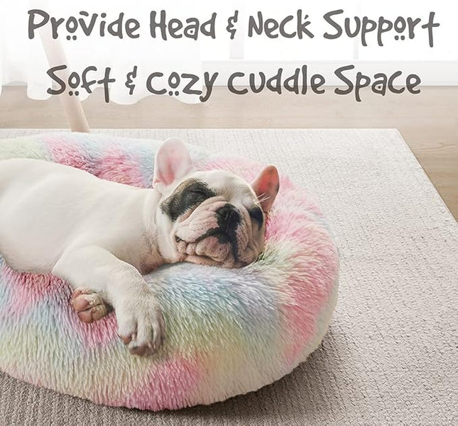 Friends Forever Donut Dog Bed Faux Fur Fluffy Calming Sofa For Small Dogs, Soft & Plush Anti Anxiety Pet Couch For Dogs, Machine Washable Coco Pet Bed with Non-Slip Bottom, 23"x23"x6" Rainbow