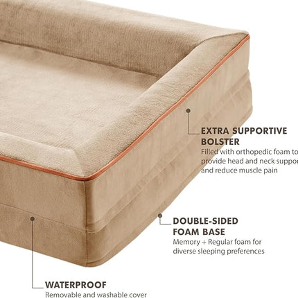 Friends Forever Orthopedic Dog Bed for Extra Large Dogs, Waterproof Memory Foam Dog Sofa Bed XL with Removable Washable Cover, Ally Khaki, 42x32x7