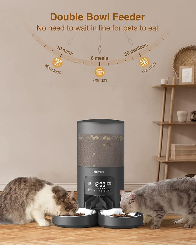 Automatic Cat Feeders for 2 Cats - 6L Food Dispenser with Double Bowls, Programmable Timed Feeder up to 6 Meals per Day with 10S Voice Recorder, Support Dual Power Supply