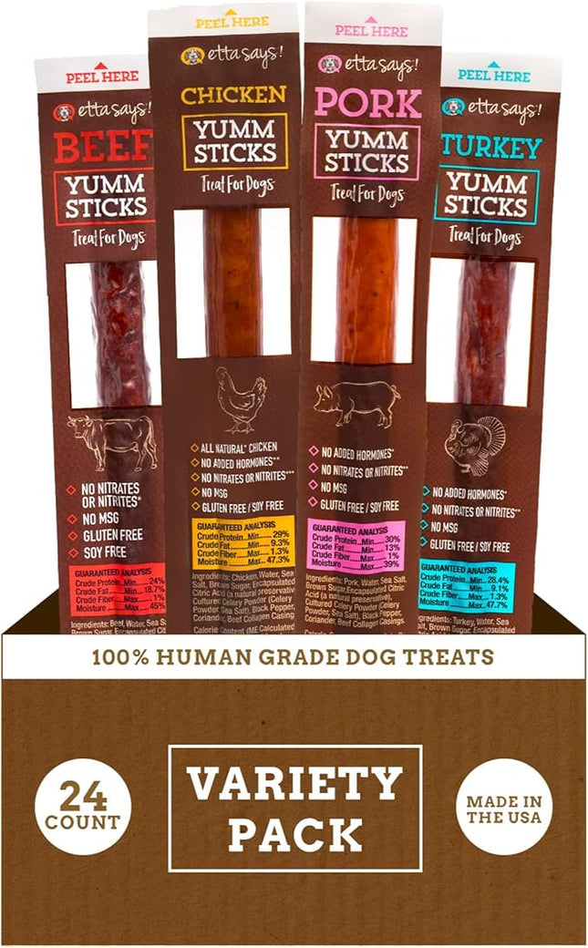 etta says! Yumm Sticks - Real Meat Dog Jerky Treats - Beef, Chicken, Pork, and Turkey Variety Pack - Human Grade - Made in The USA (24 Count Pack of 1)