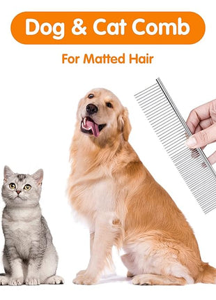PETTOM Pet Steel Grooming Tool Poodle Finishing Butter Comb 7 1/2-inch L Silver Dog Combs with Rounded Ends Stainless Steel Teeth, Cat Comb for Removing Tangles and Knots