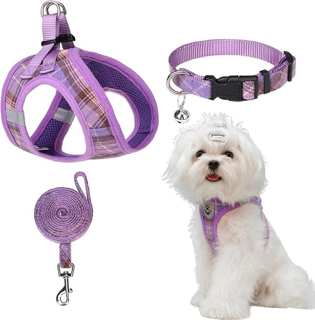 EXPAWLORER Classic Plaid Puppy Harness - Small Dog Harness and Leash Set - Dog Collar and Leash Set with AirTag Holder, Soft Padded Step in Dog Vest Harness No Pull Reflective for Outdoor, Purple S