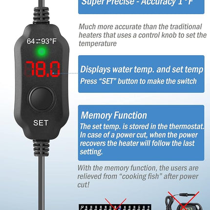 AquaMiracle Adjustable 30W Small Aquarium Heater Submersible Fish Tank Heater Betta Heater Turtle Heater Super Mini Aquarium Heater with Digital Display Thermostat, for 4-6 Gallon Tanks