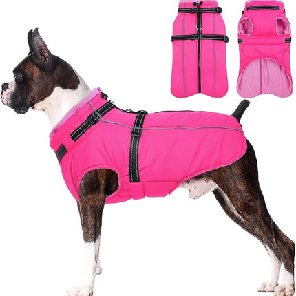 Lelepet Dog Winter Coat Waterproof Dog Jacket with Harness Built in Windproof Reflective Pet Coats for Small Medium Large Dogs, Thermal Fleece Lined Coats for Cold Weather Walking Hiking, Rose Red, XL