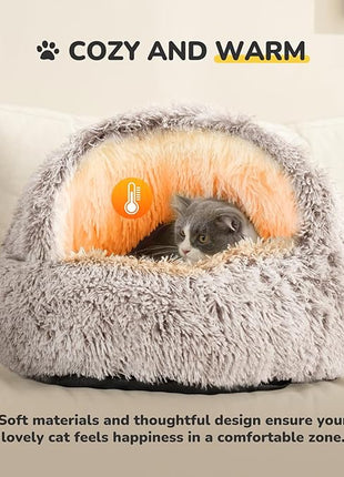 CATISM Plush Hooded Cat Bed, Calming Nest, Self-Warming Cave, Cozy Pod for Indoor Cats or Small Dogs, Removable Washable Cove With Non-Slip Bottom
