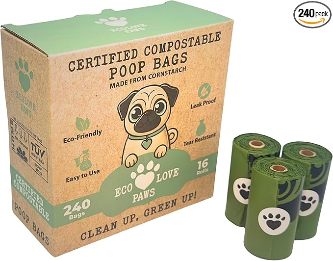 100% Certified Home Compostable Dog Poop Bags, Leak-Proof & Extra Thick, Plant-Based, Unscented, Easy to open, Plastic-Free Pet Waste Bags, 240 Count (16 Rolls, Great Value)